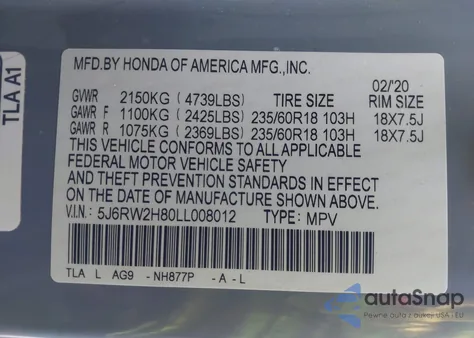 2020 Honda Cr-V Awd Ex-L из США, поврежденный, VIN 5J6RW2H80LL008012